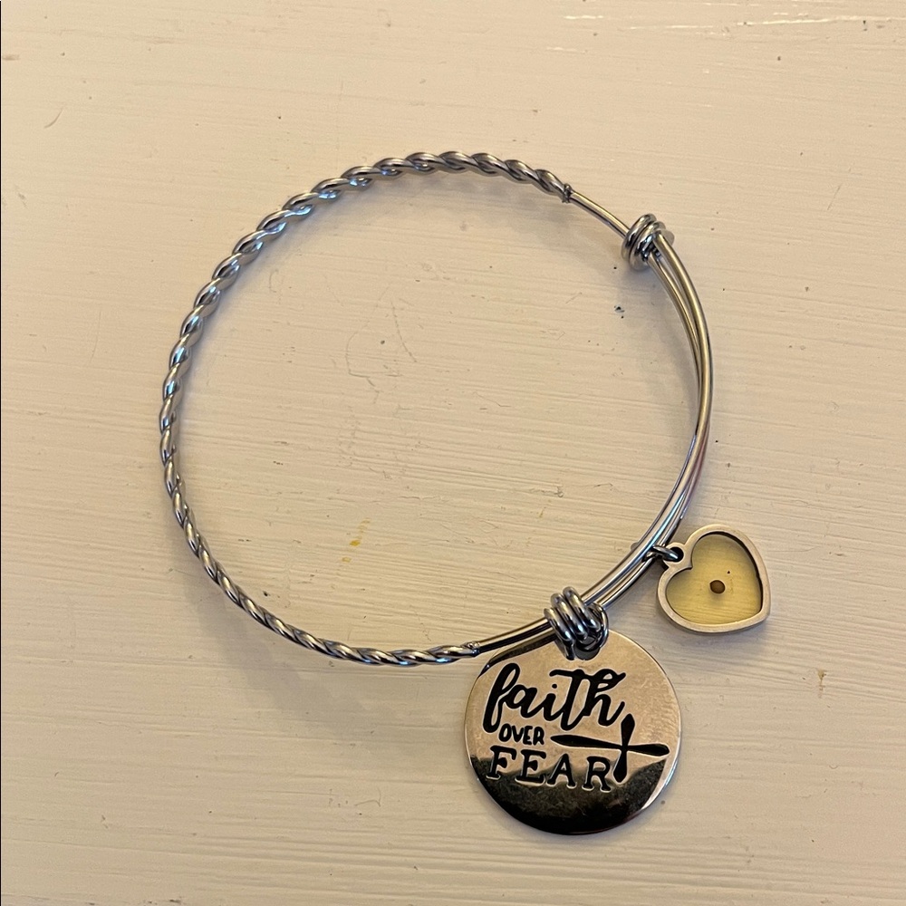 Inspirational Silver Bangle Bracelet with Heart Charm “Faith over fear”